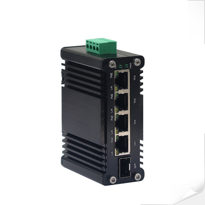 Mini Industrial 4-Port 10/100/1000T 802.3at PoE + 1-Port 100/1000X SFP Ethernet Switch với đầu vào 12 ~ 48VDC và tăng cường điện áp