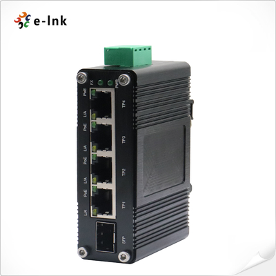 Mini Industrial 4-Port 10/100/1000T 802.3at PoE + 1-Port 100/1000X SFP Ethernet Switch với đầu vào 12 ~ 48VDC và tăng cường điện áp